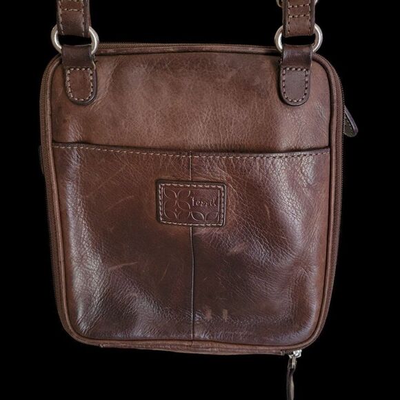 Fossil Vintage Brown Leather Crossbody Bag With Adjustable Strap & Multiple Zipp - Picture 3 of 8